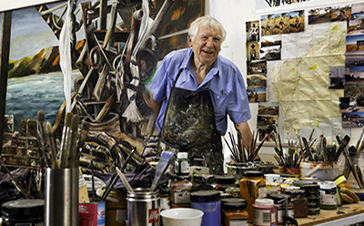 Jan Senbergs in his studio 2015 photo by Predrag Cancar NGV Photographic Services