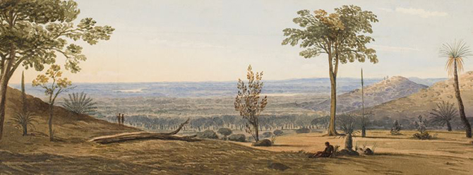 Frederick Garling View across the coastal plain 1827 watercolour and pencil on paper 13.2 x 37.5 cm State Art Collection, Art Gallery of Western Australia Purchased 1978