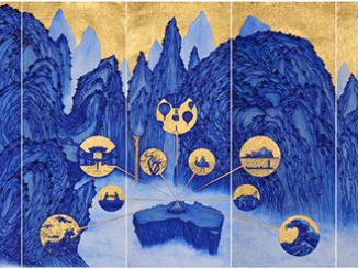YAO Jui-chung, Yao’s Journey to Australia. 2015, biro, blue ink with gold leaf on India handmade paper, 195 x 539 cm.
