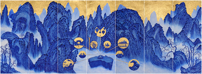 YAO Jui-chung, Yao’s Journey to Australia. 2015, biro, blue ink with gold leaf on India handmade paper, 195 x 539 cm.