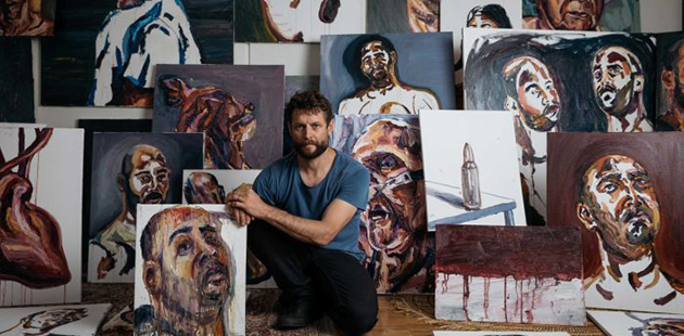 BAG Ben Quilty with Myuran Sukumaran's paintings - photo by Daniel Boud