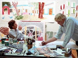 David Hockney works on a preparatory sketch for An image of Gregory in the Tyler Graphics studio, October 1984