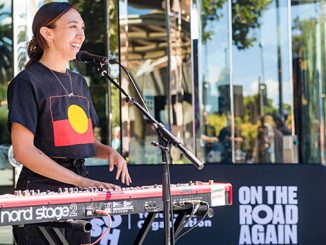 Alice Skye performing outside Hamer Hall as part of the On The Road Again initiative