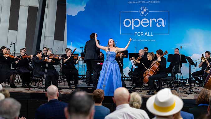 Brian Castles-Onion Dimity Shepherd and Orchestra Victoria in Opera Australia's 2023 production of BMW Opera For All at Federation Square photo by Andrew Hobbs