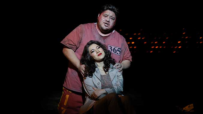 Opera Australia Diego Torre as Cavaradossi and Karah Son as Tosca in Tosca at Margaret Court Arena photo by Jeff Busby