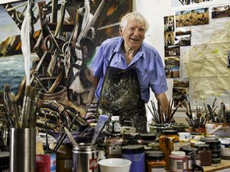 Jan Senbergs in his studio 2015 photo by Predrag Cancar NGV Photographic Services