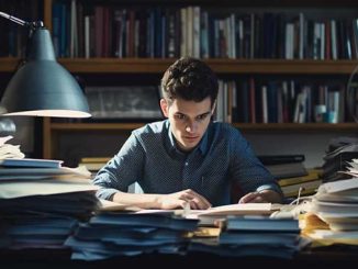 A student sitting at his desk with stacks of research papers