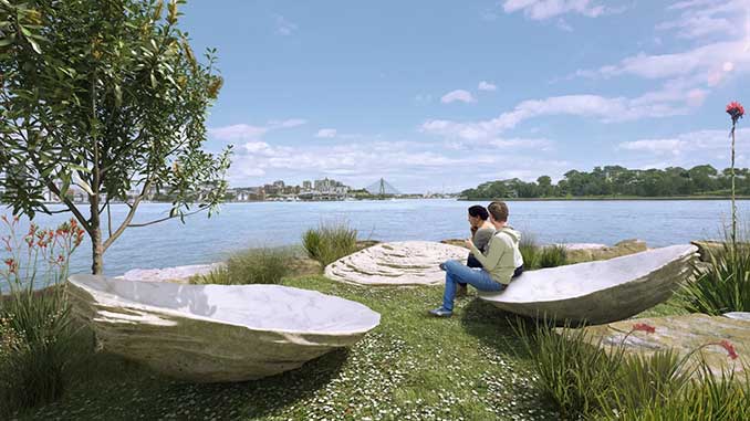 Lucy Simpson's oyster installations as part of Yananurala render by Doug and Wolf