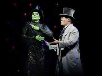 Sheridan Adams as Elphaba and Todd McKenney as the Wizard in WICKED photo by Jeff Busby