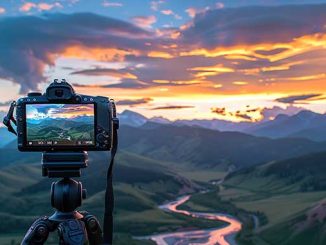 A camera on a tripod preparing to take a photo of a mountain