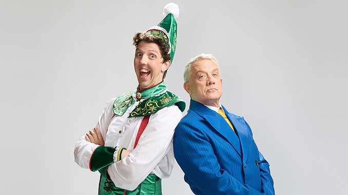 Gareth Isaac as Buddy and Simon Burke as Walter Hobbs and lead the company of Elf The Musical photo by Daniel Boud