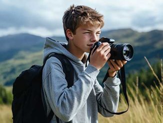 A young man holding a camera in the mountains