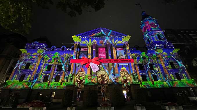 Christmas Projections on Melbourne Town Hall photo by Rohan Shearn