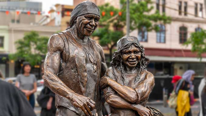 The statues of Uncle Archie Roach AC and Aunty Ruby Hunter photo by T J Garvie