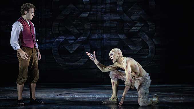 Rarmian Newton as Frodo Baggins and Laurence Boxhall as Gollum in The Lord of the Rings A Musical Tale photo by Daniel Boud