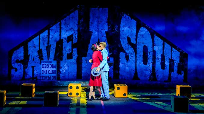 Annie Aitken as Sarah Brown and Cody Simpson as Sky Masterson in the Handa Opera on Sydney Harbour's 2025 production of Guys and Dolls photo by Neil Bennett
