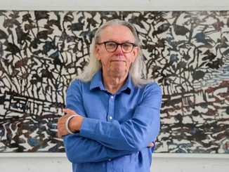 2025 Gallipoli Art Prize winner Andrew Tomkins with his winning work HMAS Karangi photo by Neil Bennett