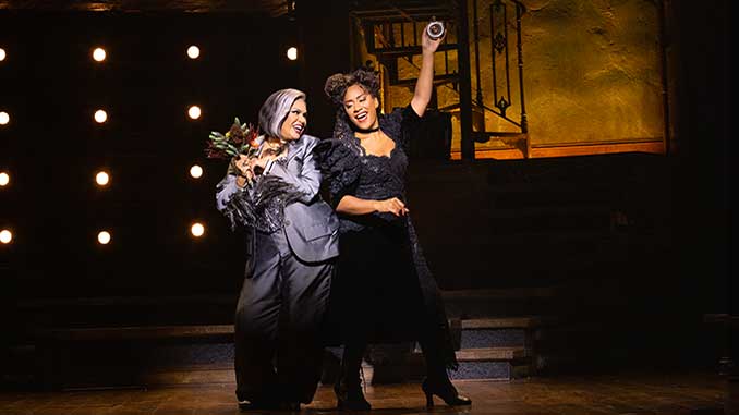 Christine Anu as Hermes and Elenoa Rokabaro as Persephone in Hadestown